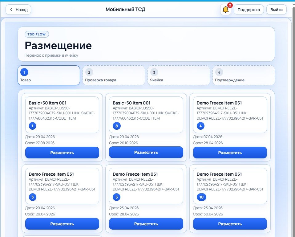 Интерфейс СкладОнлайн: размещение в мобильном ТСД